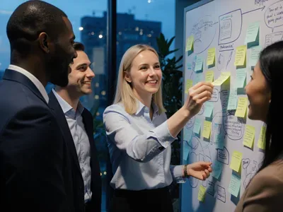 A team mapping ideas on a sticky-note board