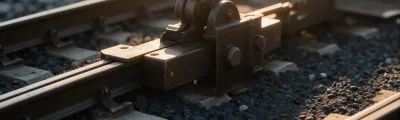 A railway switch mechanism seen close at track level — a bolted cast-iron throw assembly and tie rod resting on dark ballast between steel rails, its edges lit warm amber by low sunlight.