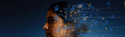 A woman in profile facing left, the back of her head dissolving into blue and amber squares that scatter rightward across a dark blue background, trailed by horizontal streaks.
