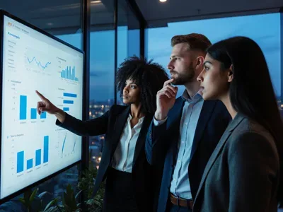 Colleagues reviewing an analytics dashboard in a modern office