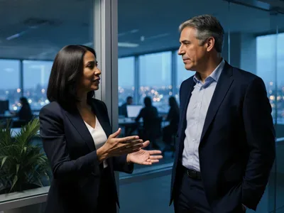 Two leaders in conversation by an office window at dusk