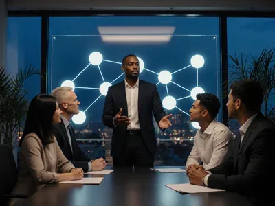 A leader guiding a team through change, a network diagram behind them