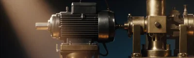 A modern black electric motor bolted onto a precision brass machine, its cable looping over the original engineering, against a deep blue background.