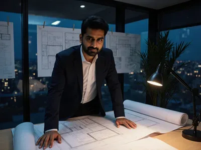 A strategist reviewing architectural blueprints at a desk
