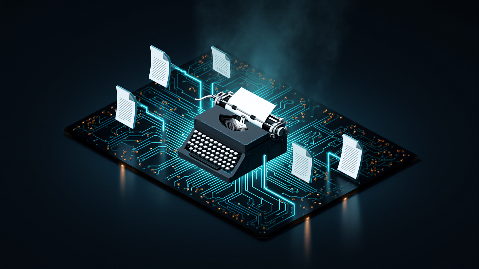 An isometric circuit-board plane with a typewriter at its centre, cyan channels running out to the edges and finished pages lifting away from the carriage into the dark.